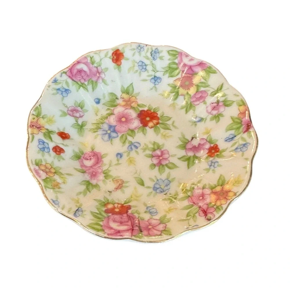 Vintage Merit China Occupied Japan Floral Chintz Scalloped Trinket Dish‎ Bowl